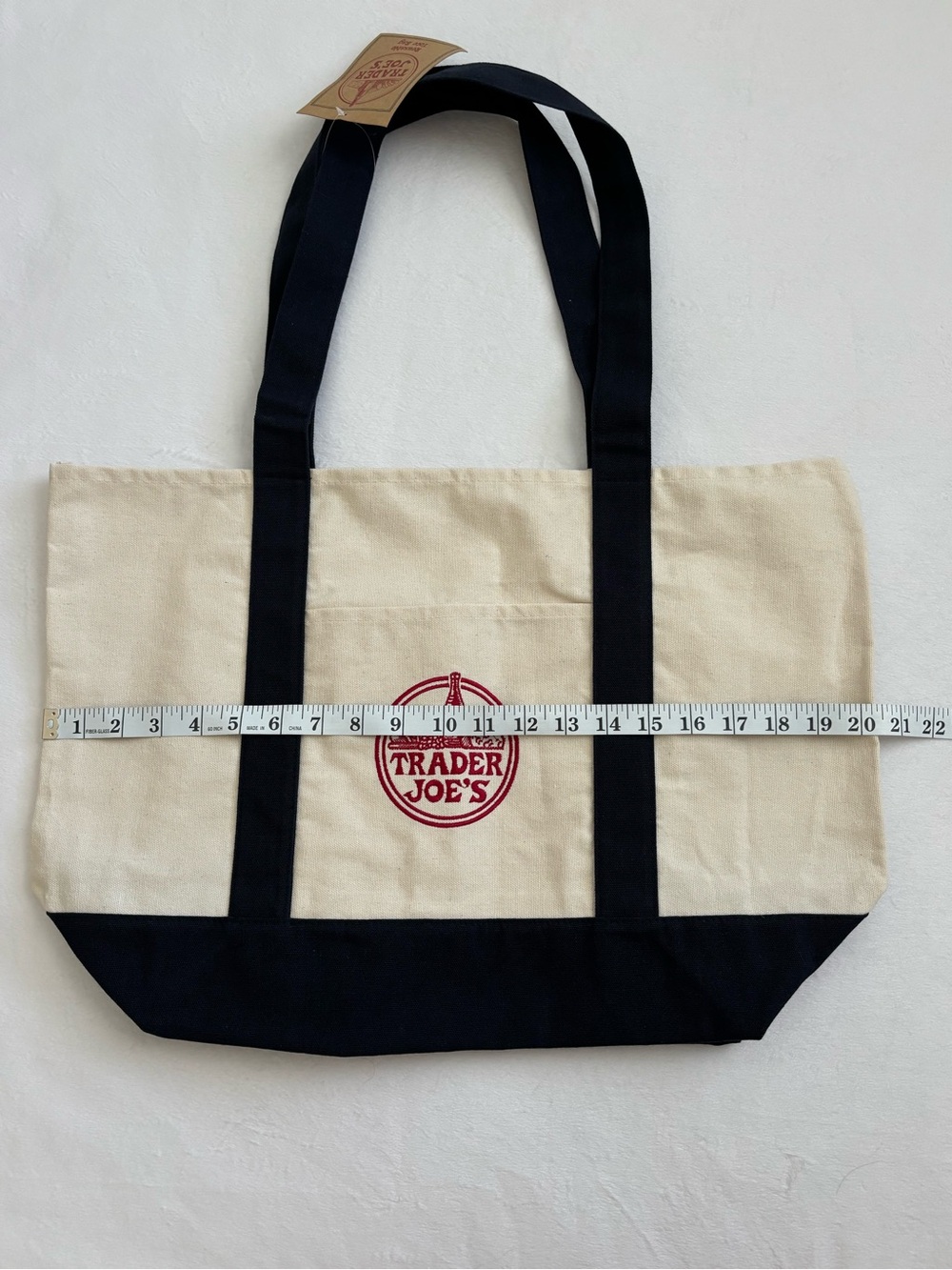 Trader Joe’s Large Canvas Tote Bag Cream and Navy Blue NWT - Picture 11 of 14